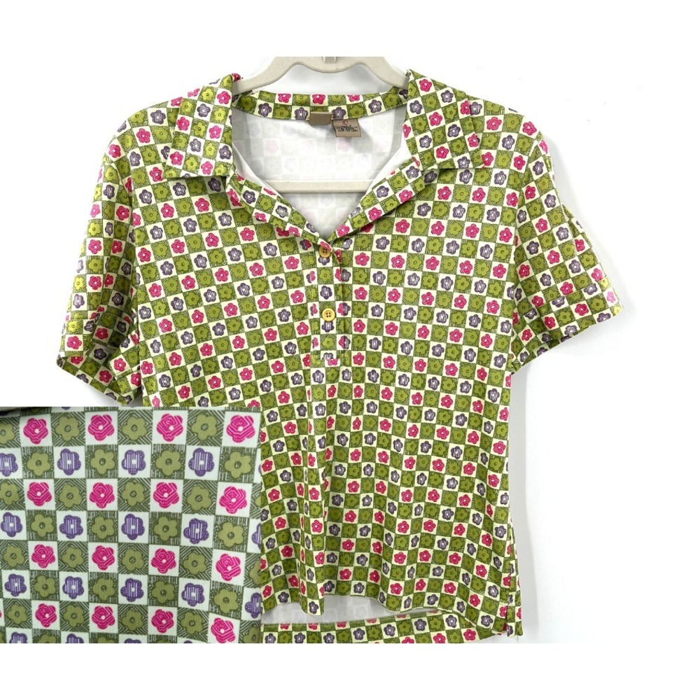 Vintage y2K silky polo top mod floral retro American Eagle psychedelic rave L